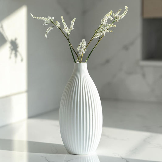 Purn Modern Minimalist Ceramic Bud Vase - Matte White Ribbed Flower Vase for Home Decor