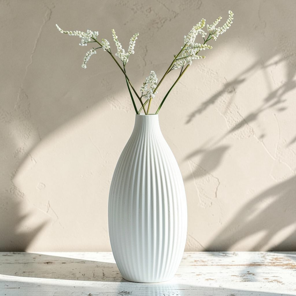 Purn Modern Minimalist Ceramic Bud Vase - Matte White Ribbed Flower Vase for Home Decor
