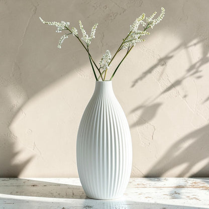 Purn Modern Minimalist Ceramic Bud Vase - Matte White Ribbed Flower Vase for Home Decor