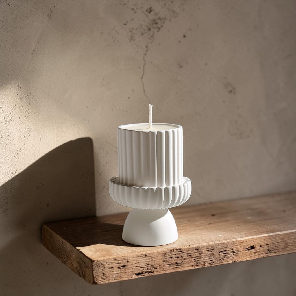 Purn Nordic Geometric Ceramic Candle Holder - Matte White Pillar Candlestick Stand